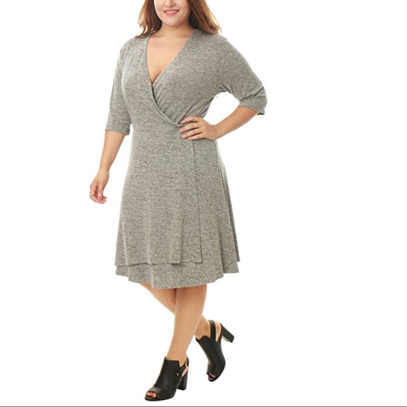 Boutique Dresses & Skirts - Plus Size Grey V Neck Layered Wrap Knit Dress